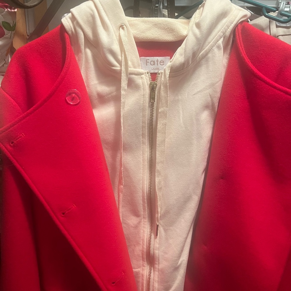Red Double-Breasted Jacket with Cream Hood - Picture 6 of 6